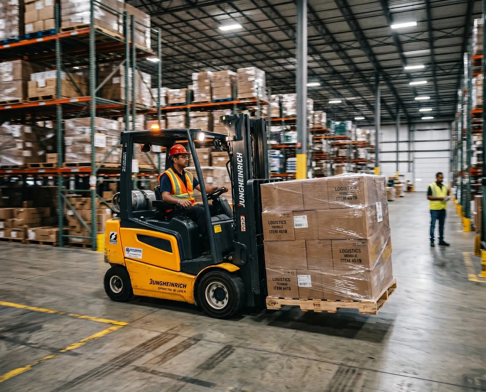 Forklift moving palletised cargo in a warehouse