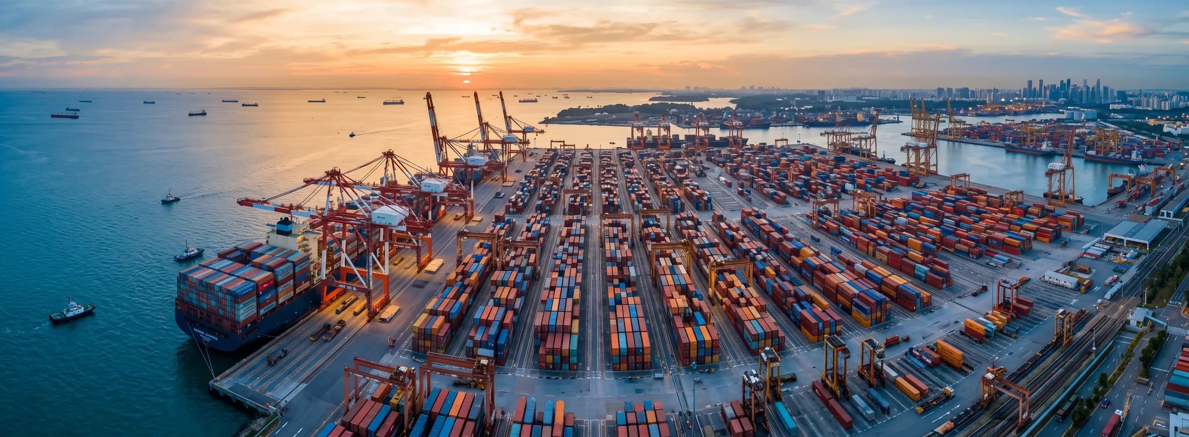 Aerial view of a container port at sunset