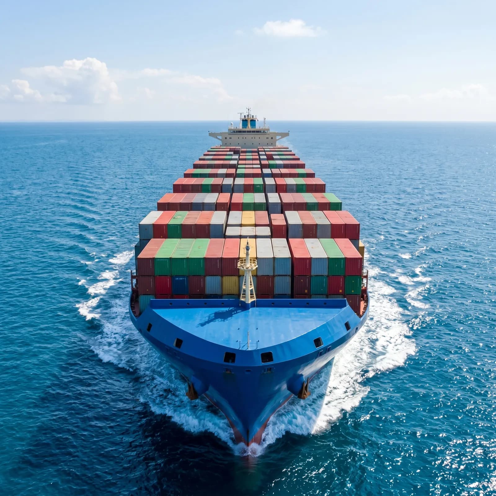 Fully loaded container ship sailing on open water