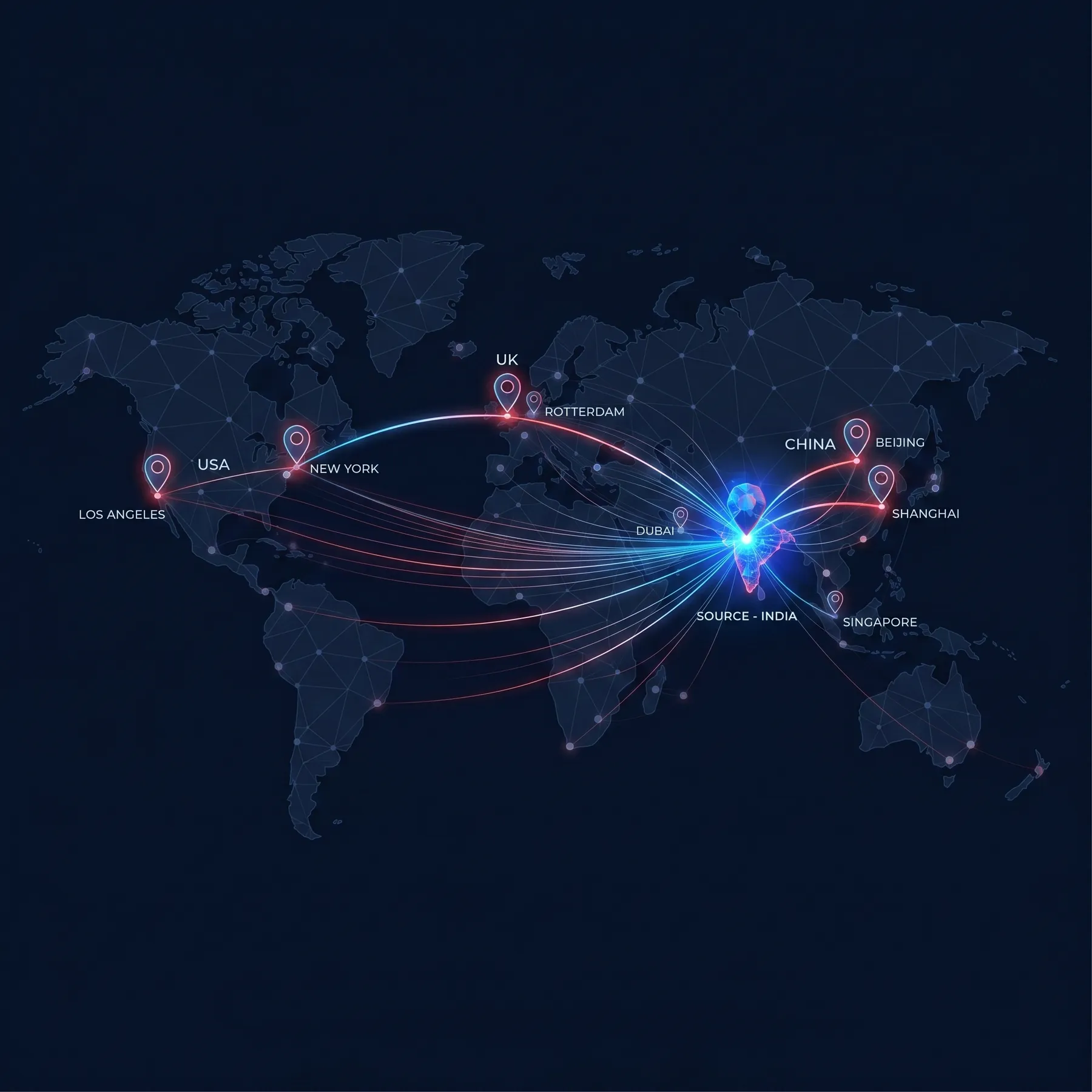 World map showing trade routes connecting India to the USA, UK, Europe, the Middle East and Asia